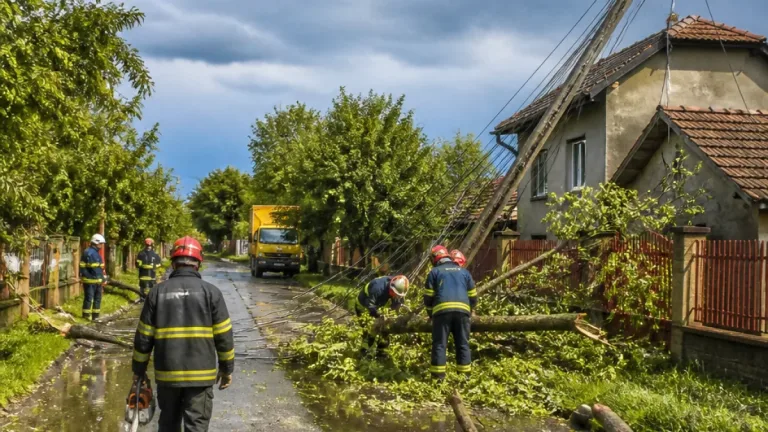 Cod portocaliu în Giurgiu: stâlp şi copaci doborâţi, pompierii au intervenit în trei localităţi