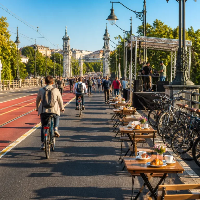 Centrul Timișoarei, pietonal pentru o zi: mic dejun pe pod, muzică și planuri pentru transport public