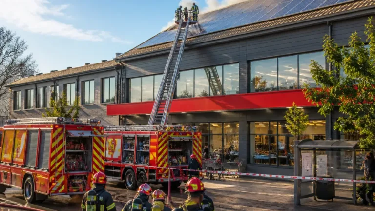 Exercițiu ISU la Focșani: scenariu cu incendiu la instalația fotovoltaică a magazinului Homelux