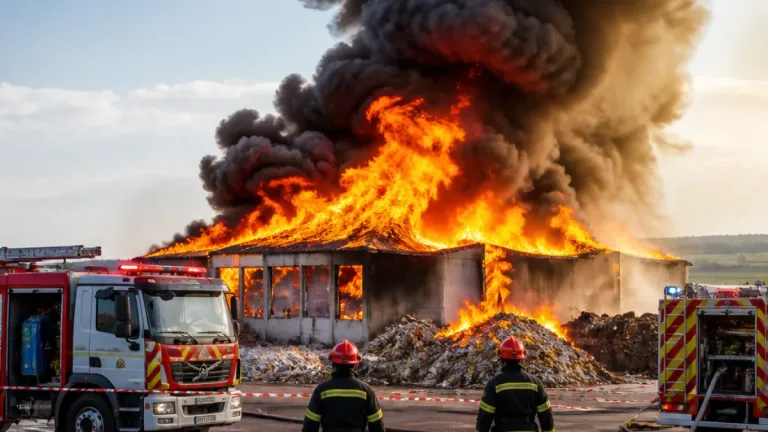 Incendiu puternic la o staţie de sortare a deşeurilor din Leţ, flăcările au cuprins 1.000 m²