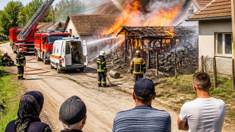 Incendiu violent în Naipu: şopron cu arzător pe butelie a cuprins două case; un bărbat rănit
