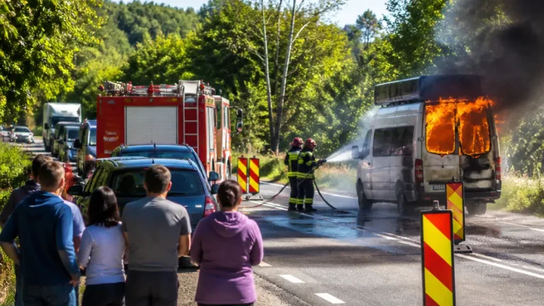 Microbuz cu opt persoane în flăcări pe DN2 la Răcăciuni; traficul blocat temporar