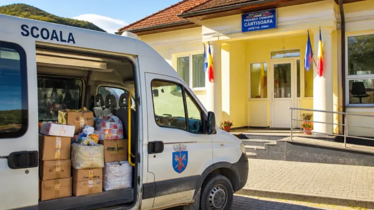 Microbuzul școlar din Cârțișoara, folosit ocazional pentru transport de alimente; primarul în concediu