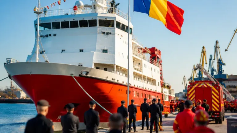 Nava multirol „Fire Fighter” a primit pavilionul în Portul Constanţa; va intra în dotarea ISU Dobrogea