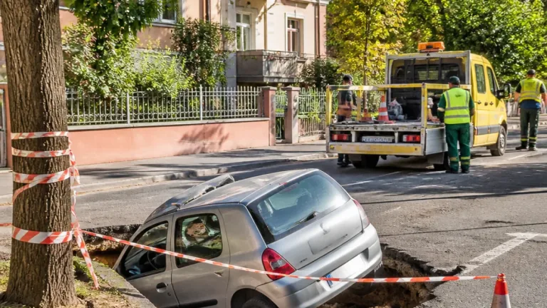 Porțiune de asfalt s-a surpat pe strada Anghel Saligny; un autoturism a rămas blocat în groapă