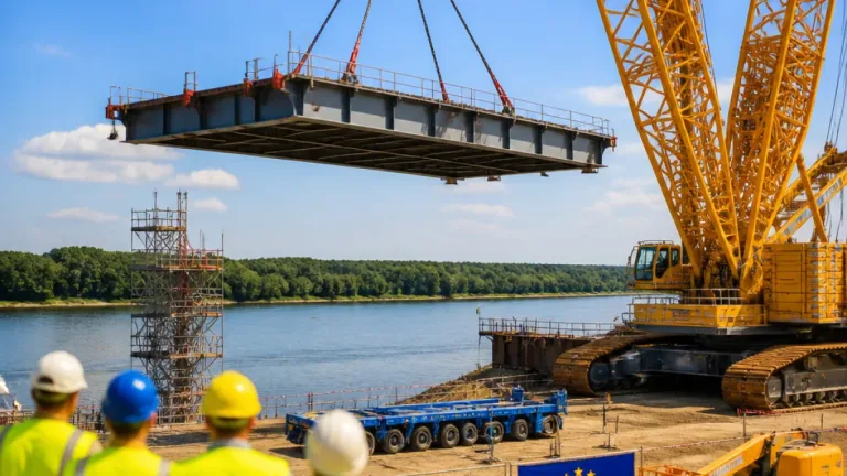 Ultimul element al podului peste Siret este gata de montare; Drumul Expres Brăila–Galaţi, programat să se deschidă în acest an
