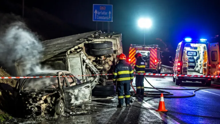 Un șofer a murit carbonizat într-un accident între un autoturism și un autocamion pe DN3, la Murfatlar