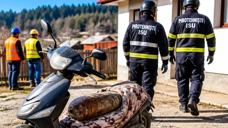 Viceprimar din Vama, filmat transportând pe scuter un obuz de 75 mm găsit pe un șantier