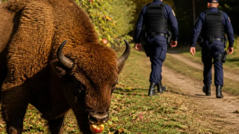Zimbru surprins în livadă lângă gospodării, jandarmii au îndrumat animalul spre pădure