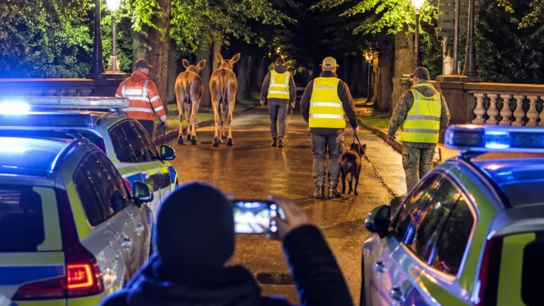 Två älgar vandrade över Slottsbron i centrala Halmstad – jägare förde dem mot gamla flygplatsen