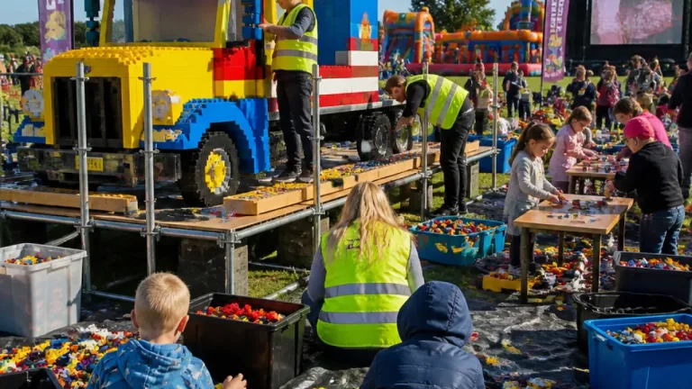 Västerås siktar mot världsrekord när jättelik Legolastbil byggs på Lögarängen