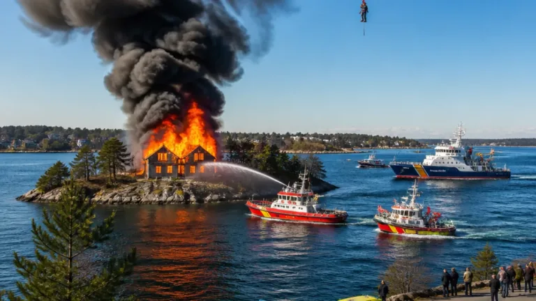 Villa i full brand vid Tegelön — insats med båtar och helikopter nära Nacka