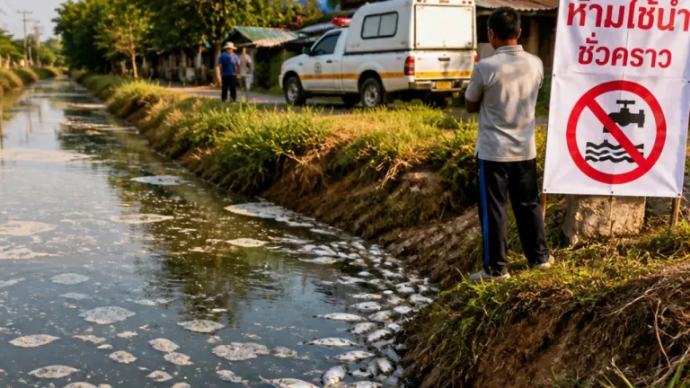 ชาวบ้านกบินทร์บุรีแจ้งคลองบุญเลิศมีกลิ่นเหม็น พบปลาตายกังวลน้ำใช้ประโยชน์ไม่ได้ชั่วคราว