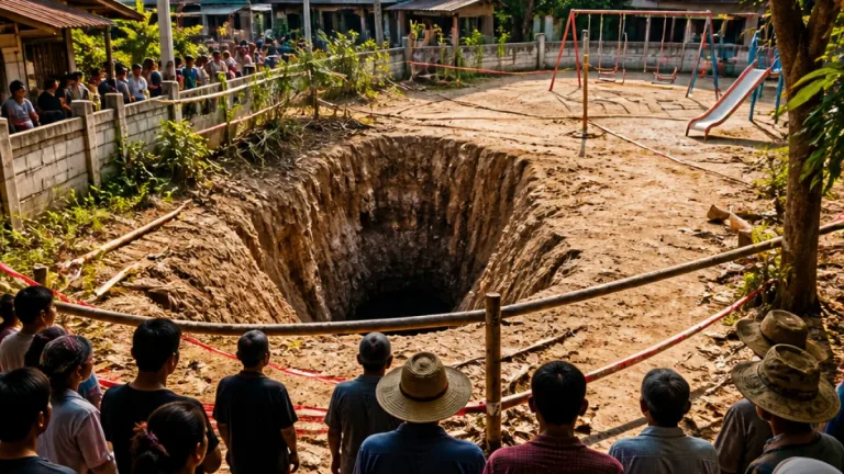 ดินทรุดกลางหมู่บ้านเมืองลับแล ยันเป็นบ่อน้ำโบราณลึกกว่า 15 เมตร ใกล้สนามเด็กเล่นเสี่ยงอันตราย