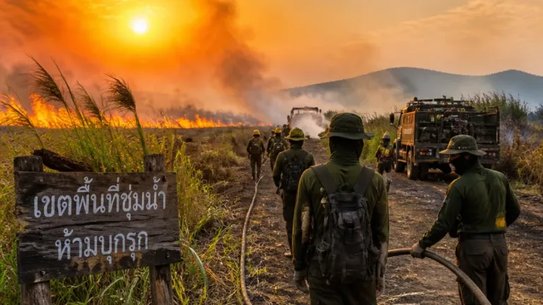 ไฟป่าพรุทะเลน้อยยังวิกฤต เจ้าหน้าที่ระดมสกัดแต่เผชิญความแห้งแล้งและลมแรง