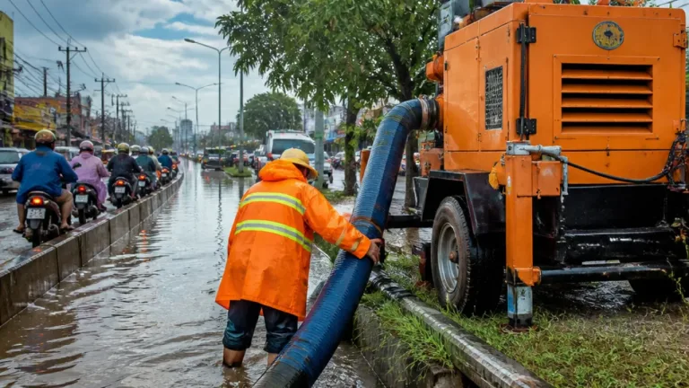 ฝนหนักถล่มศรีสะเกษ น้ำรอระบายหลายจุด เทศบาลเร่งติดตั้งเครื่องสูบลดผลกระทบ