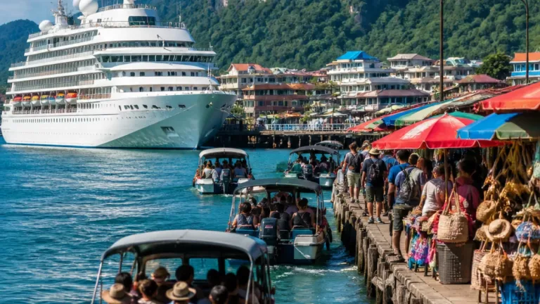 เรือสำราญระดับ 5 ดาวพานักท่องเที่ยวเกือบ 300 คนจอดค้างในเมืองญาตรัง กระตุ้นการท่องเที่ยวท้องถิ่น