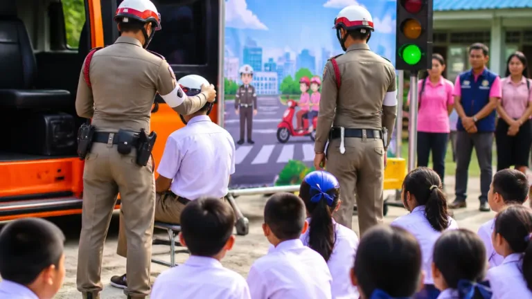 ตำรวจจราจรอ่างทองลงพื้นที่สอนสวมหมวกนิรภัย-รู้สัญญาณไฟ พร้อมสอนเอาตัวรอดในรถตู้