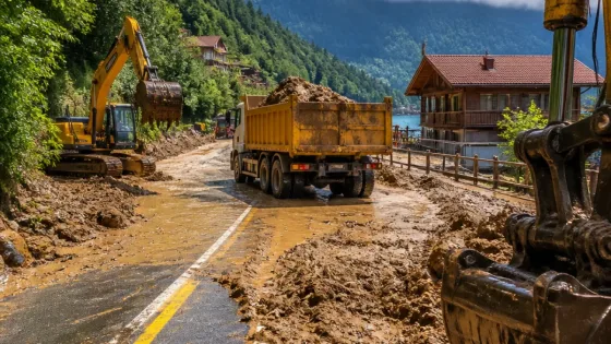 Trabzon Uzungöl'de sağanak sonrası taşkın; kara yolu ulaşıma açıldı