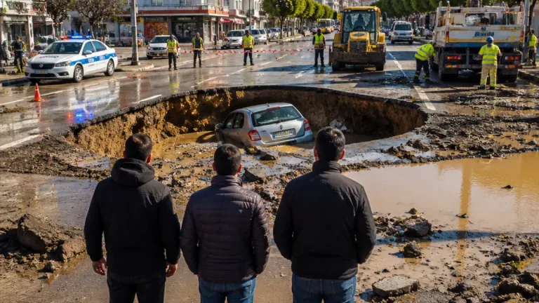 Adıyaman merkezde su hattı patladı: Asfalt çöktü, otomobil çukura düştü