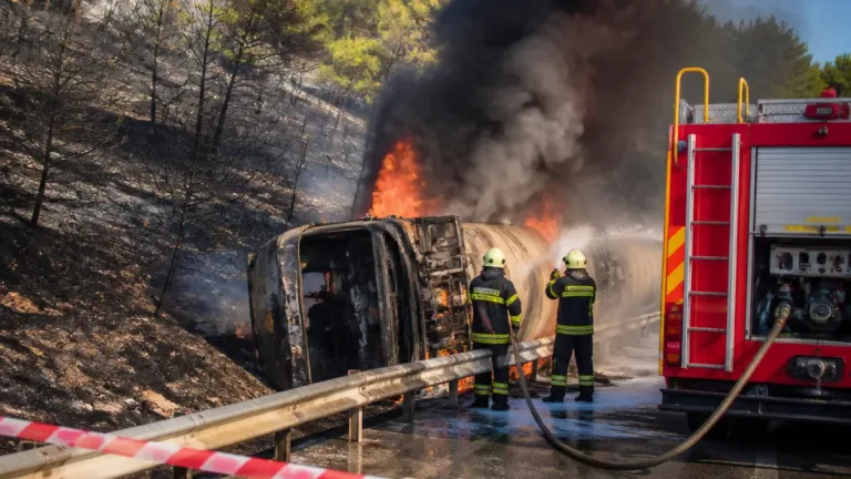 Banaz'da alkol yüklü tır devrildi, çıkan yangın yolu kapattı; sürücü yaralandı