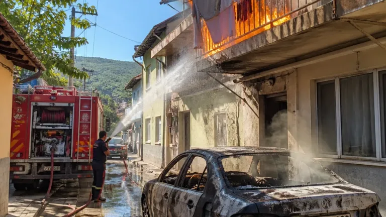 Niksar Yolkonak'ta park halindeki otomobil yandı, balkonundaki çamaşırlar tutuştu