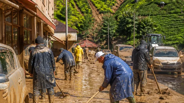 Rize İyidere'de sel ve heyelan sonrası çamurla mücadele: Çay hasadı zorlu alanda sürüyor