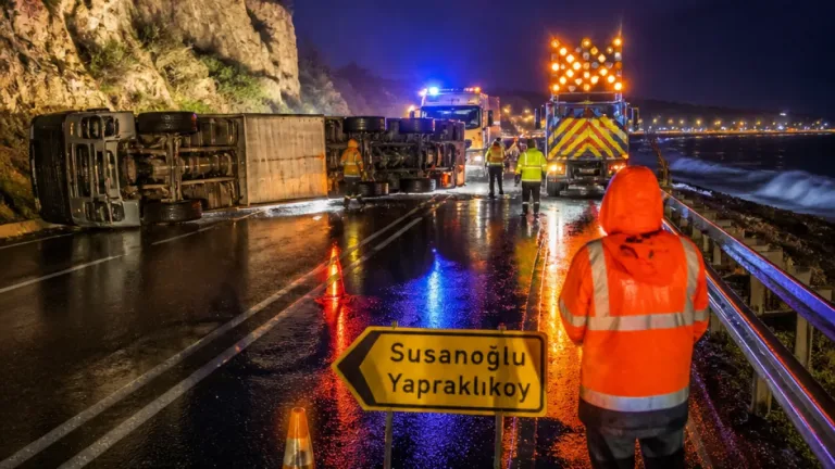 Silifke'de sağanak sonrası kayan TIR yolu kapattı, ulaşım aksadı