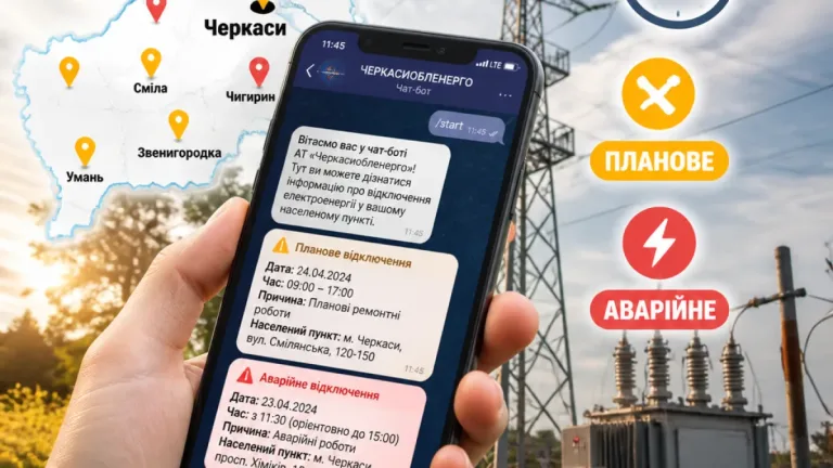 Черкасиобленерго ввели автоматичні сповіщення в чат‑ботах про відключення світла в області