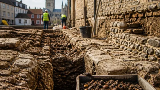 Medieval foundations and cesspit with fruit remains found beneath Salisbury Cathedral Hotel