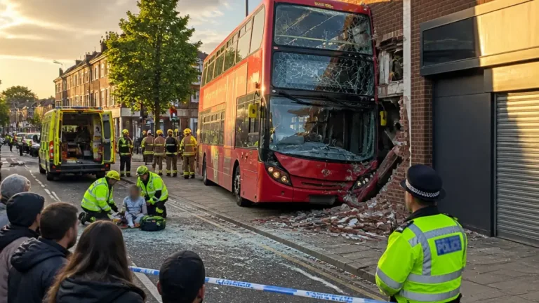 Bus crashes into building in Hayes after apparent loss of control; pedestrian and driver treated