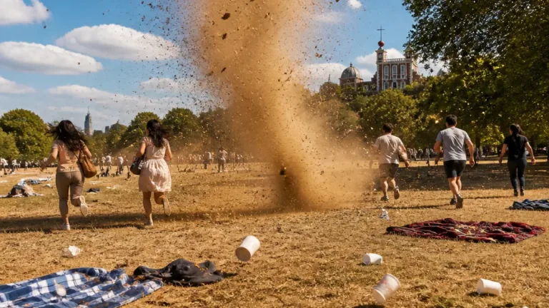Mini-tornado of dust and leaves sweeps through Greenwich Park amid intense heat