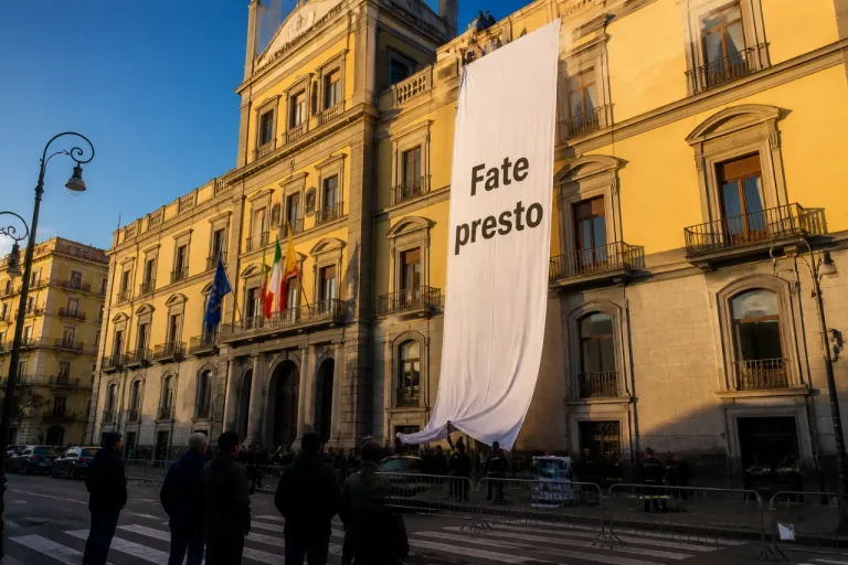 A Napoli lo striscione «Fate presto» sulla facciata del Consiglio Comunale