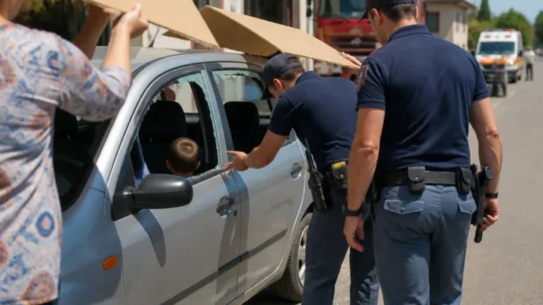 Bimbo di 2 anni rimane chiuso in auto al sole: agenti della polizia locale sfondano un vetro e lo salvano