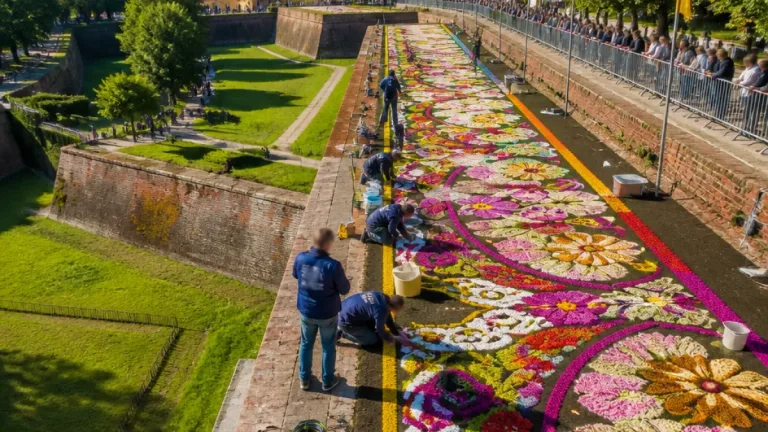 Lucca, le Mura protagoniste: realizzato il tappeto effimero che ha superato il primato mondiale