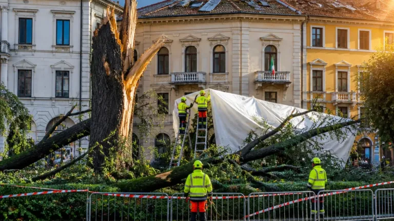 Vento e pioggia devastano Piazza dei Martiri a Belluno: uno storico cedro spezzato