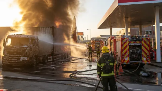 Germiston volunteers and metro crews contain truck and container blaze near petrol station