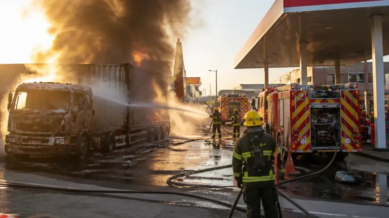 Germiston volunteers and metro crews contain truck and container blaze near petrol station